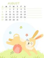 August children's vertical calendar for 2023 with an illustration of a cute rabbit playing with a ball. 2023 is the year of the rabbit. Vector summer illustration calendar page.