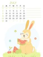 July children's vertical calendar 2023 with an illustration of a cute rabbit eating watermelon. 2023 is the year of the rabbit. Vector summer illustration calendar page.