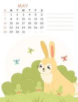 May children's vertical calendar for 2023 with an illustration of a cute rabbit growing carrots in the garden. 2023 is the year of the rabbit. Vector spring illustration calendar page.