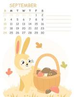 September children's vertical calendar for 2023 with an illustration of a cute rabbit with a basket of mushrooms. 2023 is the year of the rabbit. Vector autumn illustration calendar page.