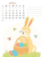 April children's vertical calendar for 2023 with an illustration of a cute rabbit with Easter eggs in a basket. 2023 is the year of the rabbit. Vector spring Easter illustration of the calendar page.