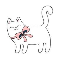 Cute white cat with a bow. Pet at the wedding. Doodle vector illustration