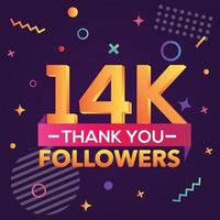 Thank you 14000 followers,thanks banner.First 14K follower congratulation card with geometric figures,lines,squares,circles for Social Networks.Web blogger celebrate a large number of subscribers. vector