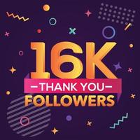 Thank you 16000 followers,thanks banner.First 16K follower congratulation card with geometric figures,lines,squares,circles for Social Networks.Web blogger celebrate a large number of subscribers. vector