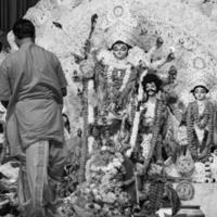 Goddess Durga with traditional look in close up view at a South Kolkata Durga Puja, Durga Puja Idol, A biggest Hindu Navratri festival in India Black and White photo