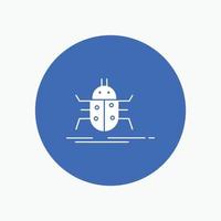 Bug. bugs. insect. testing. virus White Glyph Icon in Circle. Vector Button illustration