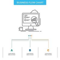 analytics. board. presentation. laptop. statistics Business Flow Chart Design with 3 Steps. Line Icon For Presentation Background Template Place for text vector