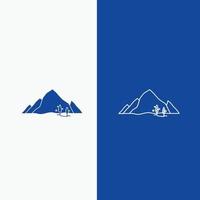 montaña. paisaje. Cerro. naturaleza. línea de árbol y botón web de glifo en banner vertical de color azul para ui y ux. sitio web o aplicación móvil vector