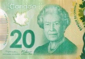 Her Majesty Queen Elizabeth II Portrait from Canada 20 Dollars 2012 Polymer Banknote fragment photo