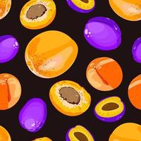 Vector seamless pattern with apricots and plums on dark background.