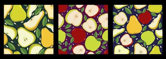 Vector collection of three seamless patterns with apples and pears.