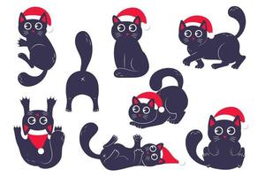 Un montón de divertidos gatos negros kawaii con gorro de Papá Noel en varias poses en estilo plano aislado en fondo blanco vector