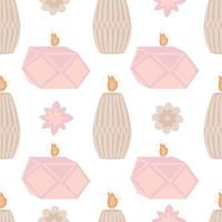 Seamless pattern background with handmade scented soy and coconut wax candles and flowers head in scandinavian folk hygge style vector