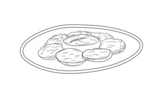 Hand drawn plate with potato pancakes, vegetable pancakes, Hanukkah latkes with sauce, sour cream and herbs. Isolated on white background vector