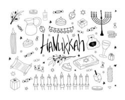 conjunto de imágenes prediseñadas de hanukkah. símbolos de garabatos de hanukkah dibujados a mano para el diseño. aislado sobre fondo blanco vector