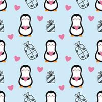 Cute penguin and pink heart. Blue seamless pattern. Tailoring of winter clothes and printing on fabric. Packing paper. Christmas and New Year. Gift in doodle style.
