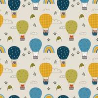Animals fly in air balloon. Seamless pattern for children room. Endless background for printing on fabric and wrapping paper. Cute baby illustration. vector