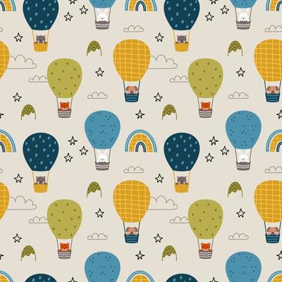 Animals fly in air balloon. Seamless pattern for children room. Endless background for printing on fabric and wrapping paper. Cute baby illustration.