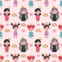 Cute princess with crown on head. Pink pattern for girl clothes. Fairy and rainbow. Seamless background in nursery. Printing on fabric and wrapping paper. vector