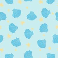 Sea shells vector seamless pattern with starfish on a blue background