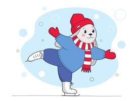 lindo conejo en ropa de invierno patinando sobre hielo vector