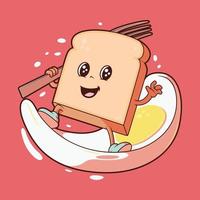 Slice of Bread surfing a fried egg vector illustration. Food, funny, brand design concept.