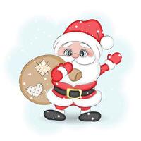 Cute cartoon Santa Claus with a bag of gifts vector illustration