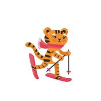 Cute tiger character skating. Christmas vector illustration. Funny postcard with animal symbol of the year.