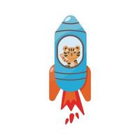 Funny tiger waving from the rocket. Animal isolated vector illustration.