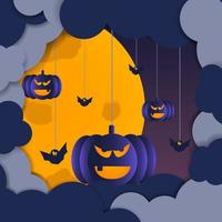 imagen plana de nubes oscuras, luna nocturna, calabazas espeluznantes y ratones voladores en una cuerda. elementos vectoriales para banner, tarjeta de felicitación de vacaciones, cartel de fiesta de halloween. vector