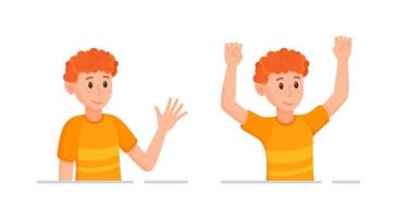 Vector illustration of the composition of the emotional pose of the character. A guy with red hair is smiling and actively rejoicing, gesturing his emotions.