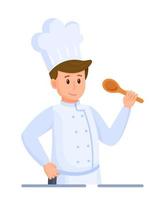 Vector illustration of chef's tasting. Chef on white background. Head chef in a cap symbol or logo.