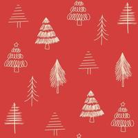 Christmas vector seamless pattern with different doodle Christmas trees on a red background.