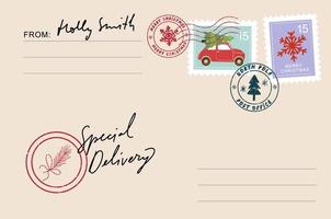 Christmas envelope with stamps, seals and inscriptions to santa claus. Special Delivery. vector