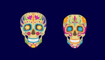 Two Painted Colorful Sculls, or Calaveras, for Day of the Dead, or Dia De Los Muertos, in Mexico vector