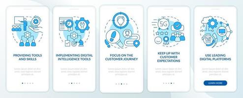 Digital first strategy blue onboarding mobile app screen. Ecommerce walkthrough 5 steps graphic instructions pages with linear concepts. UI, UX, GUI template. vector