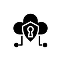 Cloud security black glyph icon. Data and information protection. Cybersecurity. Online digital storage. Silhouette symbol on white space. Solid pictogram. Vector isolated illustration