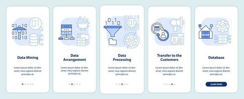 la recopilación y el procesamiento de datos en la pantalla de la aplicación móvil de incorporación de color azul claro. tutorial 5 pasos páginas de instrucciones gráficas con conceptos lineales. interfaz de usuario, ux, plantilla de interfaz gráfica de usuario. vector