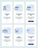 Digital data types light blue onboarding mobile app screen set. Walkthrough 3 steps graphic instructions pages with linear concepts. UI, UX, GUI template. vector