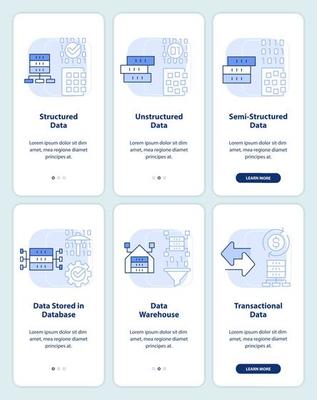 Digital data types light blue onboarding mobile app screen set. Walkthrough 3 steps graphic instructions pages with linear concepts. UI, UX, GUI template.