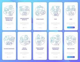 Social assistance blue gradient onboarding mobile app screen set. Walkthrough 5 steps graphic instructions pages with linear concepts. UI, UX, GUI template.