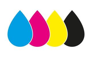 icono de impresión cmyk. cuatro gotas en símbolos de colores cmyk. cian, magenta, amarillo, clave, gotas negras aisladas sobre fondo blanco vector