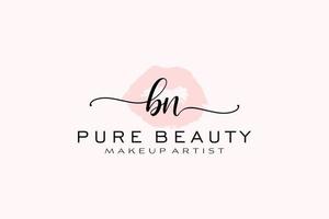 diseño de logotipo prefabricado inicial de labios de acuarela bn, logotipo para marca comercial de artista de maquillaje, diseño de logotipo de boutique de belleza rubor, logotipo de caligrafía con plantilla creativa. vector