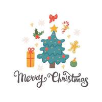 Greeting card, Christmas tree with gifts, decorations and snowflakes, hand lettering Merry Christmas, vector flat illustration on white background