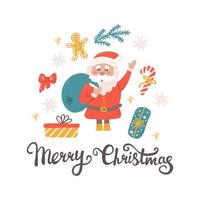 Greeting card, cute Santa with gifts and snowflakes, hand lettering Merry Christmas, vector flat illustration on white background