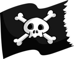 bandera pirata. cráneo y huesos en cinta negra. elemento de la muerte. emblema y símbolo de robo y ladrón. ilustración plana de dibujos animados. bandera pirata vector