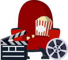 Cinema chair. Red armchair and seat. Set of movie elements. Film, corn popcorn, soda drink. Concept and objects. Cartoon flat illustration vector