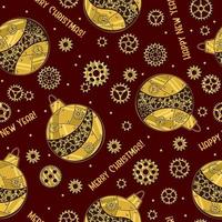 Pattern with gears and christmas balls made of shiny brass, gold metal plates, gears, cogwheels, rivets in steampunk style. Red background. vector