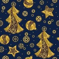 Pattern with gears and christmas tree, christmas balls made of shiny brass, gold metal plates, gears, cogwheels, rivets in steampunk style on blue. Christmas background. vector