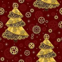 Pattern with gears, christmas tree made of shiny brass, gold metal plates, gears, cogwheels, rivets in steampunk style. Dark red background. vector